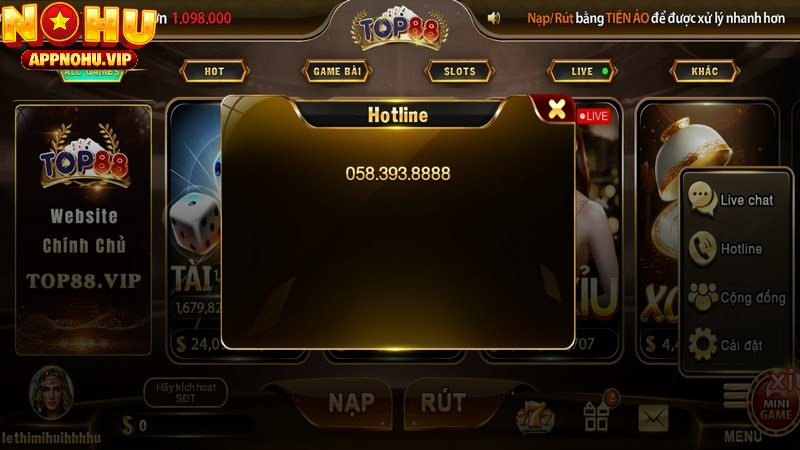 Liên hệ Top88 qua hotline sẽ được hiển thị ngay trên giao diện