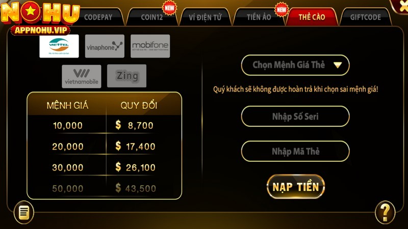 Nạp tiền GO88 qua card điện thoại cực dễ