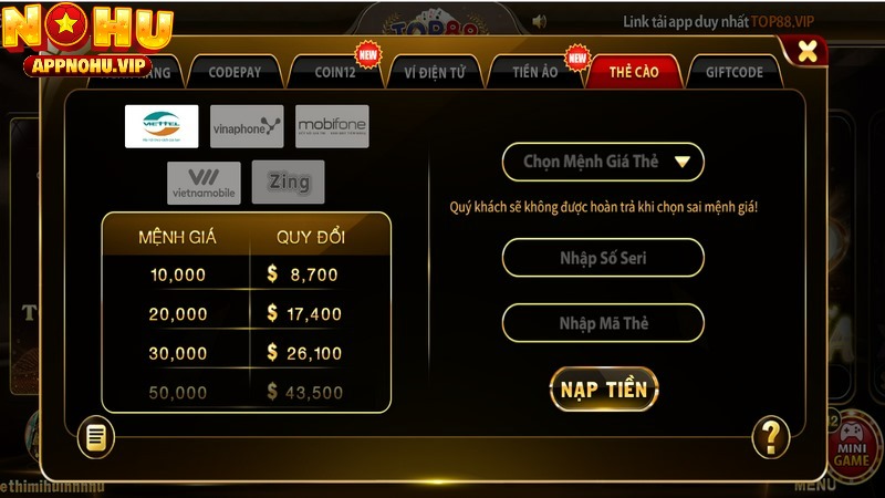Đưa ra mệnh ra mệnh giá thẻ cào muốn nạp