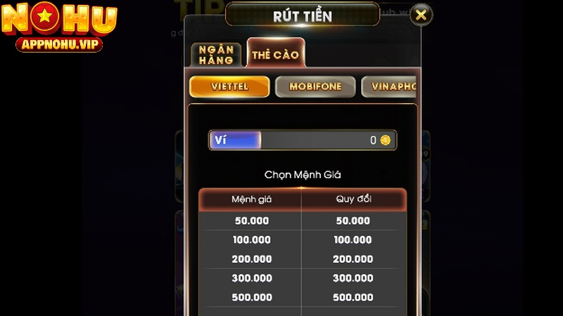 Chọn mệnh giá quy đổi thẻ cào rút tiền TIPCLUB